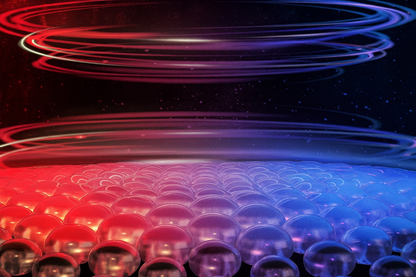 Red and blue LED light waves interacting with skin cells in a stylized skincare treatment visualization.




