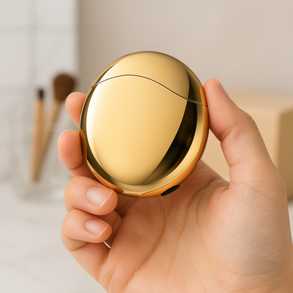 Hand holding a compact, golden, egg-shaped skincare device.