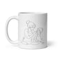 Mother & Daughter Coffee Mug featuring a sketch of a mom and daughter baking together.