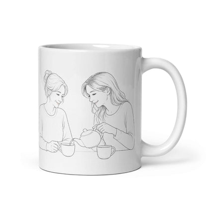 Mother & Daughter Coffee Mug featuring two women sharing tea time together, symbolizing love and connection.